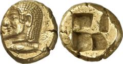 The Prospero Collection of Ancient Greek Coins. MYSIA. Kyzikos (c.550-500 B.C.), Electrum Hekt e, 2.66g. Male head faci ng to left, with a pointed beard, a tunny below to left. Rev. Quadripartite incu