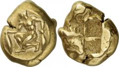 The Prospero Collection of Ancient Greek Coins. MYSIA. Kyzikos (c.550-500 B.C.), Electrum Stater, 15.94g. Naked male figure kneeling to left, holding a tunny by the tail in each hand. Rev. Quadriparti