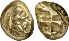 The Prospero Collection of Ancient Greek Coins. MYSIA. Kyzikos (c.500-450 B.C.), Electrum Stater, 15.96g. Warrior, naked and wearing a crested Corinthian helmet, kneeling to right, holding an arrow in