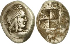 The Prospero Collection of Ancient Greek Coins. MYSIA. Kyzikos (c.450-400 B.C.), Electrum Stater, 16.04g. Head of Attis facing to right, wearing a Phrygian cap ornamented with stars, a tunny below. Re