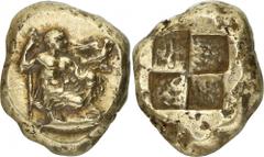 The Prospero Collection of Ancient Greek Coins. MYSIA. Kyzikos (c.450-400 B.C.), Electrum Stater, 16.05g. Male figure (Zeus?), naked to waist and wearing a himation over the lower part of his body, kn