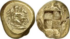 The Prospero Collection of Ancient Greek Coins. MYSIA. Kyzikos (c.450-400 B.C.), Electrum Stater, 16.00g. Helios, radiate, kneeling three-quarters facing to right, holding two horses, behind him facin