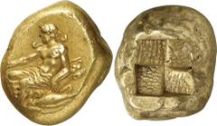 The Prospero Collection of Ancient Greek Coins. MYSIA. Kyzikos (c.450-400 B.C.), Electrum Stater, 16.10g. Youthful Dionysos, naked to waist and wearing a himation over his lower body, and a fillet, th