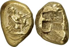 The Prospero Collection of Ancient Greek Coins. MYSIA. Kyzikos (c.450-400 B.C.), Electrum Stater, 16.03g. The Earth (Gaia) rising-up out of the ground, wearing a chiton, and holding-out the infant Eri