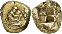 The Prospero Collection of Ancient Greek Coins. MYSIA. Kyzikos (c.450-400 B.C.), Electrum Stater, 15.98g. Silenos, with a horse’s ear and tail, kneeling to right, pouring wine from an amphora, which h