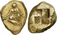 The Prospero Collection of Ancient Greek Coins. MYSIA. Kyzikos (c.450-400 B.C.), Electrum Stater, 15.93g. Youth, wearing a himation, kneeling facing, throwing knuckle-bones (astragaloi), a tunny below