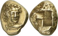 The Prospero Collection of Ancient Greek Coins. MYSIA. Kyzikos (c.410 B.C.), Electrum Stater, 15.90g. Head of Apollo facing, slightly inclined to right, wearing a laurel-wreath, a tunny below. Rev. Qu