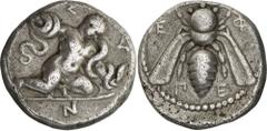The Prospero Collection of Ancient Greek Coins. IONIA. Ephesos (c.394-387 B.C.), Silver Tridrachm, 11.20g,. Σ-Y-N , the infant Herakles, naked, kneeling to right on ground line, strangling a serpent i