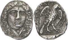 The Prospero Collection of Ancient Greek Coins. CARIA. Halikarnassos (c.375 B.C.), Silver Tetradrachm, 13.98g,. Head of Apollo facing, inclined slightly to the right. Rev. AΛIKAPNAΣΣ – [EΩ]N , eagle s