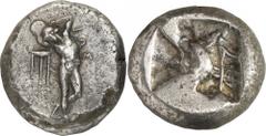 The Prospero Collection of Ancient Greek Coins. CARIAN ISLANDS. Kos (c.480-475 B.C.), Triple Siglos, 16.58g,. KΩΣ , naked Diskobolos about to hurl a discus, he stands facing with his weight on his rig