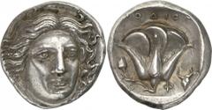 The Prospero Collection of Ancient Greek Coins. CARIAN ISLANDS. Rhodes (c.404-375 B.C.), Silver Tetradrachm, 15.14g,. Head of Helios facing, inclined slightly to right. Rev. POΔION , rose, with a bud 