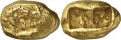 The Prospero Collection of Ancient Greek Coins. KINGDOM OF LYDIA. Kroisos (561-546 B.C.), Gold Stater of the heavy standard, 10.52g. Forepart of a roaring lion facing to right confronting the forepart