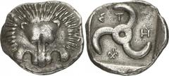 The Prospero Collection of Ancient Greek Coins. LYCIA. Dynasts of Lycia, Trbbenimi at Zemu (c.400 B.C.), Silver Stater, 9.60g,. Lion’s scalp facing. Rev. Σ-T-I , triskeles, Lycian letter below, all wi