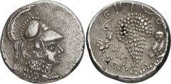 The Prospero Collection of Ancient Greek Coins. CILICIA. Soloi (c.350-300 B.C.), Silver Stater, 7.68g,. Head of Athena facing to right, wearing a crested Corinthian helmet. Rev. ΣOΛEΩN , a large bunch