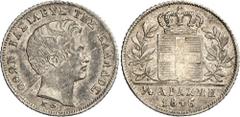 WORLD COINS. GREECE. Otho , 1832-1862. ¼ Drachmi, 1846/5, Athens. AR, 1.13g. Divo 16d. KM 18. Die break at the beginning of the obverse legend and a couple of almost imperceptible graffiti marks. Of t