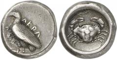ANCIENT COINS. GREEK. Sicily, Akragas (c.495-480 B.C.), Silver Didrachm, 8.68g, 12h. AKRA / CAN , eagle standing facing left, with its wings closed. Rev. crab, within a shallow incuse circle (SNG ANS 