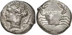 ANCIENT COINS. GREEK. Sicily, Motya (c.400 B.C.), Silver Tetradrachm, 16.94g, 10h. Female head (Arethusa) facing left, in the style of Kimon’s dekadrachms, wearing ampyx, triple-pendant earring and ne