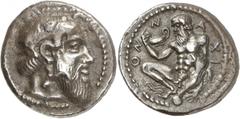ANCIENT COINS. GREEK. Sicily, Naxos (c.461-430 B.C.), Silver Drachm, 4.35g, 9h. Struck c.450 B.C. Head of Dionysos facing right, wearing an ivy-wreath in his hair. Rev. N A XI ON , naked and bearded S