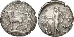 ANCIENT COINS. GREEK. Sicily, Selinos (c.450 B.C.), Silver Tetradrachm, 17.00g, 9h. Σ E Λ INO-NTI-[O Σ ] (retrograde), quadriga moving slowly to left, driven by Artemis, who holds the reins, Apollo st
