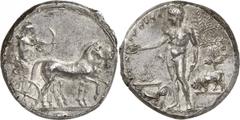 ANCIENT COINS. GREEK. Sicily, Selinos (c.455-409 B.C.), Silver Tetradrachm, 17.00g, 1h. Artemis driving a quadriga right, Apollo standing beside her drawing his bow, a barley ear in exergue. Rev. Σ E 