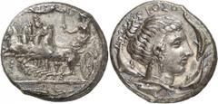 ANCIENT COINS. GREEK. Sicily, Syracuse (second Democracy, 466-405 B.C.), Silver Tetradrachm, 17.02g, 4h. Unsigned but attributed to Eukleidas, struck c.410-405 B.C. Female charioteer, wearing a long c