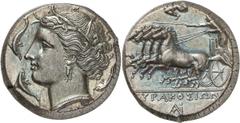 ANCIENT COINS. GREEK. Sicily, Syracuse, Agathokles (317-289 B.C.), Silver Tetradrachm, 17.07g, 3h. Struck c.310-305 B.C.Head of Arethusa facing left, her hair wreathed with grain, and wearing a triple