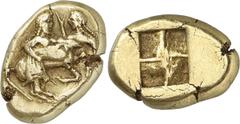ANCIENT COINS. GREEK. Thraco-Macedonian Region, The Orreskioi (?) (c.500-450 B.C.), Electrum Stater, 16.32g. A centaur rushes to the right, carrying a nymph, who wears a long chiton and raises her rig