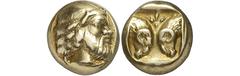 ANCIENT COINS. GREEK. Lesbos, Mytilene (c.440-400 B.C.), Electrum Hekte, 2.50g, 7h. Head of a bearded satyr facing right, wearing a taenia. Rev. Two ram’s heads confronted, a palmette above, all withi