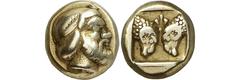 ANCIENT COINS. GREEK. Lesbos, Mytilene (c.440-400 B.C.), Electrum Hekte, 2.48g, 12h. Head of a bearded satyr facing right, wearing a taenia. Rev. Two ram’s heads confronted, a palmette above, all with