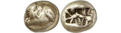 ANCIENT COINS. GREEK. Ionia, Miletos (c.600-550 B.C.), Electrum Hekte, 2.29g. Lion reclining left, its head reverted. Rev. Two square punches containing geometric designs (SNG Kayhan 443 var; cf Weida