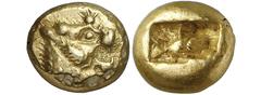 ANCIENT COINS. GREEK. Kingdom of Lydia (early 6th Century B.C.), Electrum Trite, 4.71g. Head of a roaring lion right with radiant sun above its brow. Rev. Oblong incuse punch divided into two squares 