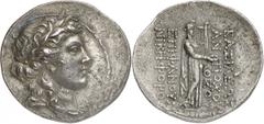 ANCIENT COINS. GREEK. Kingdom of Syria, Seleucid Kings, Antiochos IV Epiphanes (175-164 B.C.), Silver Tetradrachm, 16.23g, 12h. Mint of Antioch, struck 166 B.C. Head of Apollo facing right, wearing a 