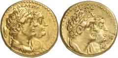 ANCIENT COINS. JUDAEA. Kingdom of Egypt, Ptolemy II Philadelphos, with Arsinoe II, Ptolemy I, and Berenike I (285-246 B.C.), Gold Tetradrachm (or ½-Mnaïeion), 13.86g, 12h. Mint of Alexandria. A Δ E ΛΦ