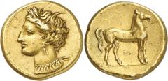 ANCIENT COINS. JUDAEA. Zeugitana, Carthage (c.310-290 B.C.), Electrum Stater, 7.36g, 12h. Head of Tanit facing left, wearing a wreath of grain-ears, a triple-pendant earring and a pendant necklace, a 