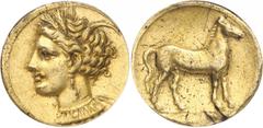 ANCIENT COINS. JUDAEA. Zeugitana, Carthage (c.310-270 B.C.), Electrum Stater (weight uncertain), 12h. Head of Tanit facing left, wearing a wreath of grain-ears, a triple-pendant earring and a necklace