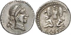 ANCIENT COINS. ROMAN. Julius Caesar, Silver Denarius, 3.98g, 3h. Military mint travelling with Caesar in Spain, late 46 - early 45 B.C. Diademed head of Venus facing right, Cupid on her shoulder. Rev.
