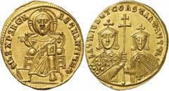ANCIENT COINS. BYZANTINE. Basil I The Macedonian, with Constantine (A.D. 868-879), Gold Solidus, 4.45g, 6h. +IhS XPS REX REGNANTIUM , Christ enthroned facing, raising right hand in benediction and hol
