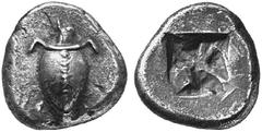 ANCIENT COINS GREEK COINS AEGINA No.: 122 Estimate: $ d=23 mm Stater, about 520-480. AR 11.08 g. Turtle seen from above, row of pellets on shell. Rev. Incuse square. S. R. Milbank, The Coinage of Aegi