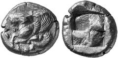 ANCIENT COINS GREEK COINS MYSIA LAMPSACUS No.: 140 Estimate: $ 3000 d=20 mm Stater, electrum, about 480-450. EL 15.17 g. Forepart of Pegasus l. within wreath of vine leaves and bunches of grapes. Rev.