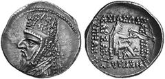 ANCIENT COINS GREEK COINS THE ARSACID KINGDOM OF PARTHIA MITHRADATES II, 123-88 No.: 170 Estimate: $ 100 d=21 mm Drachm. AR 4.16 g. Draped bust l. with long beard, wearing tiara decorated with star. R