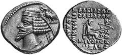 ANCIENT COINS GREEK COINS THE ARSACID KINGDOM OF PARTHIA PHRAATES IV, 38 B. C. - AD 2 No.: 171 Estimate: $ 100 d=19 mm Drachm. AR 3.77 g. Draped and diademed head l. with pointed beard, behind, eagle 