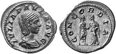 ANCIENT COINS ROMAN COINS IMPERIAL COINAGE JULIA PAULA, his first wife, 219-220 No.: 343 Estimate: $ 650 d=20 mm Denarius. AR 3.05 g. IVLIA PAVLA AVG Draped bust r., hair looped up in bun on back of t