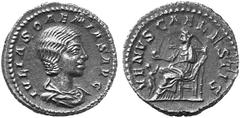 ANCIENT COINS ROMAN COINS IMPERIAL COINAGE JULIA SOAEMIAS, his mother, † 222 No.: 347 Estimate: $ 170 d=20 mm Denarius. AR 3.44 g. IVLIA SOAEMIAS AVG Draped bust r. Rev. VENVS CAELESTIS Venus, draped 