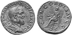 ANCIENT COINS ROMAN COINS IMPERIAL COINAGE PUPIENUS, 238 No.: 362 Estimate: $ 1200 d=30 mm Sestertius. AE 22.10 g. IMP CAES M CLOD PVPIENVS AVG Laureate, bearded, draped and cuirassed bust r., seen fr