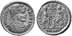 ANCIENT COINS ROMAN COINS IMPERIAL COINAGE VALENS, 364-378 No.: 398 Estimate: $ 700 d=22 mm Solidus, Antiochia, about 367-375. AV 4.40 g. DN VALENS PER F AVG Diademed, draped and cuirassed bust r. Rev