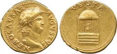 ANCIENT COINS. Roman Coins. Mint of Rome unless otherwise stated. Nero (A.D. 54-68), Gold Aureus, 7.36g, 7h.Struck A.D. 65. NERO CAESAR AVGVSTVS , head of Nero facing right, laureate. Rev. VESTA , dom