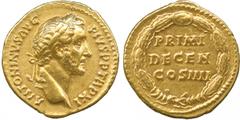 ANCIENT COINS. Roman Coins. Mint of Rome unless otherwise stated. Antoninus Pius (A.D. 138-161), Gold Aureus, 7.31g, 6h.Struck A.D. 147-148. ANTONINVS AVG PIVS P P TR P XI , head of Antoninus Pius fac
