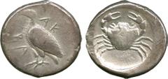 ANCIENT COINS. GREEK COINS. Sicily, Akragas (c.490-480 B.C.), Silver Didrachm, 8.50g, 12h. AK / RA , eagle standing left. Rev. crab (SNG ANS 951 (this obverse die); Jenkins, Gela, Group IV).Good very 