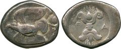 ANCIENT COINS. GREEK COINS. Peloponnese, Elis, Olympia (c.510-471 B.C.), Silver Stater, 11.24g, 6h.Eagle flying left, its wings above and below its body. Rev. F-A , thunderbolt, with volutes above and