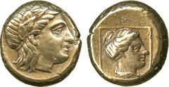 ANCIENT COINS. GREEK COINS. Ionia, Mytilene (c.377-326 B.C.), Electrum Hekte, 2.57g.Head of Apollo facing right, laureate. Rev. Head of Artemis facing right, draped, within a linear square (Bodenstedt